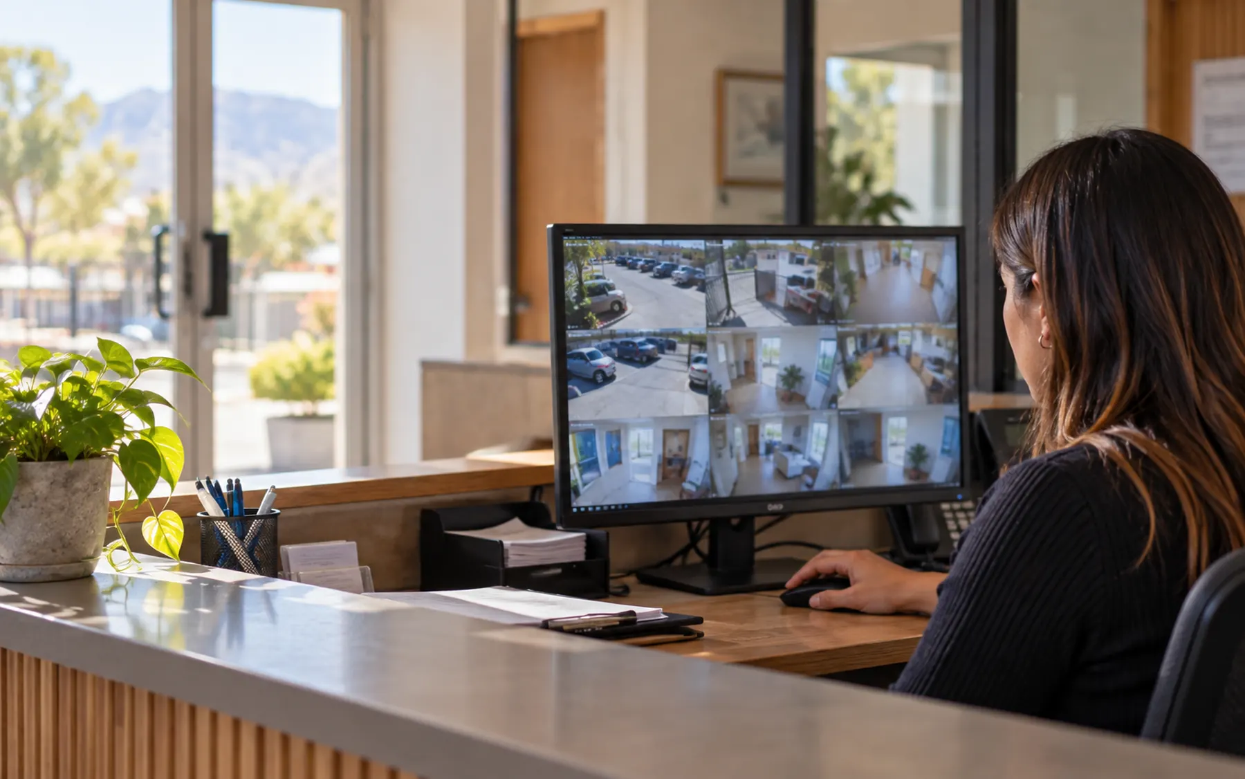 Cámara de seguridad moderna en espacio corporativo